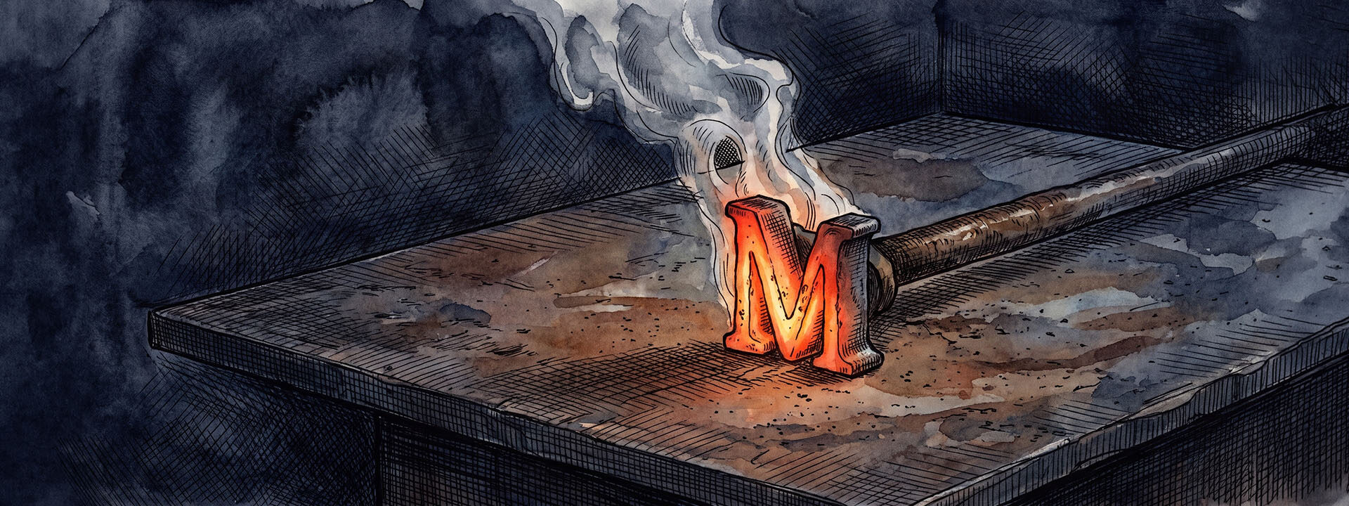 A branding iron with a glowing mark resting on dark steel.