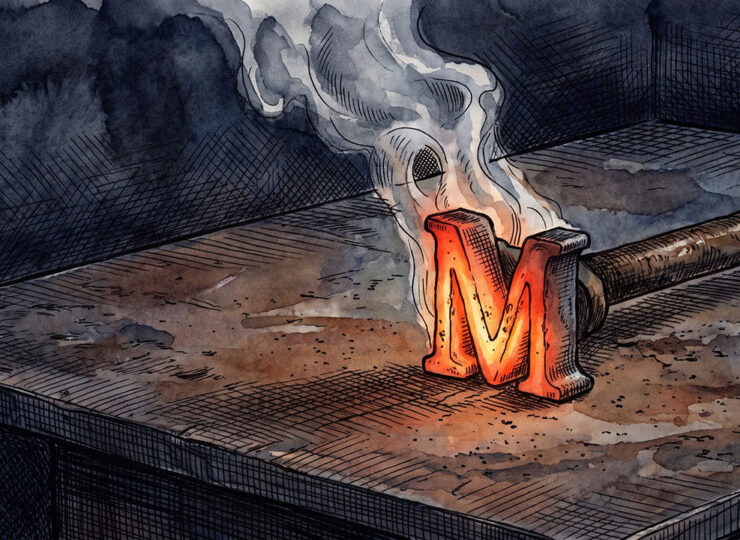 A branding iron with a glowing mark resting on dark steel.