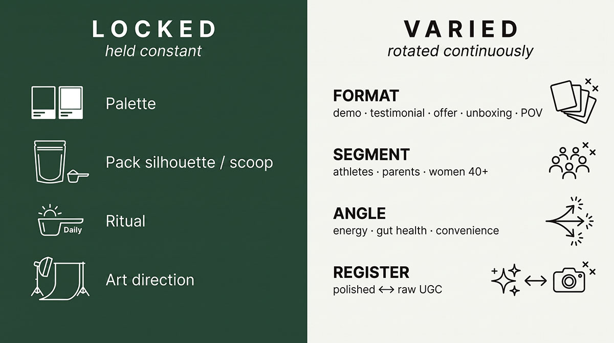 Two-column breakdown of AG1's Meta creative: four locked brand assets on the left, four varied execution dimensions on the right.