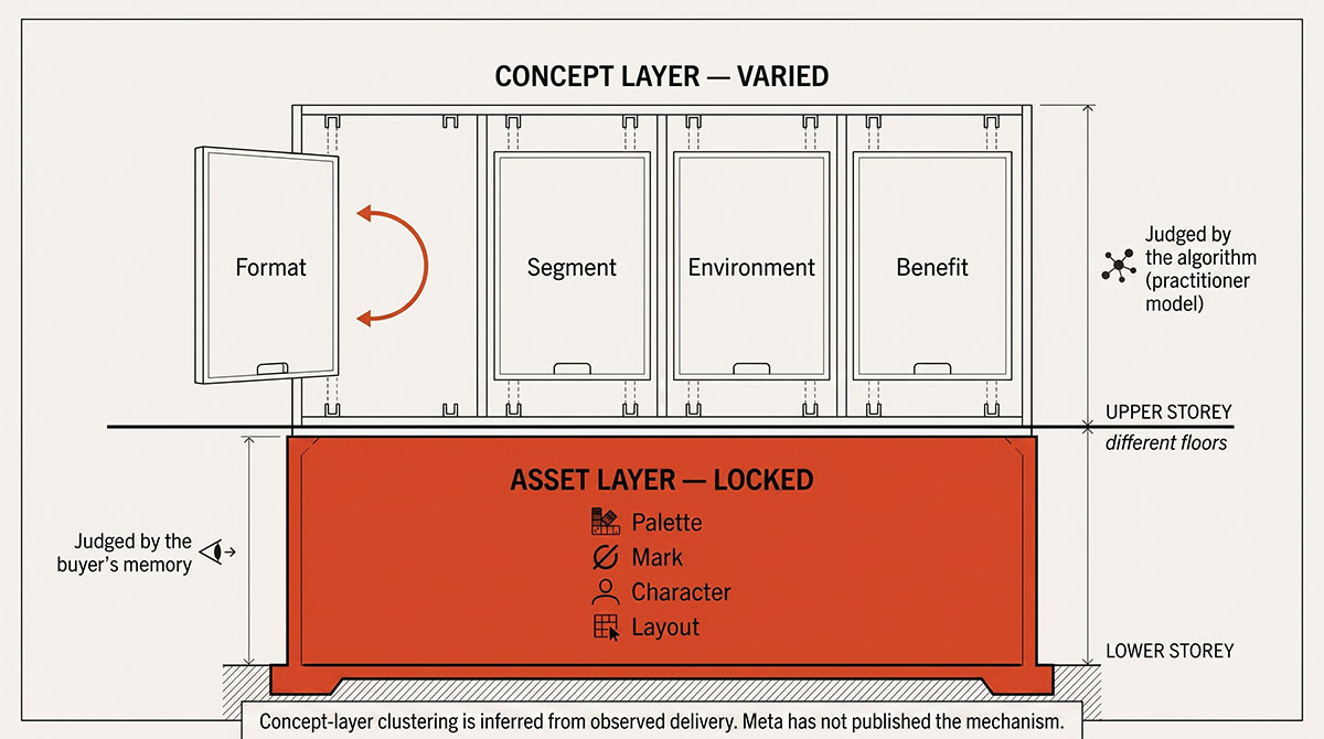 Two-storey diagram: a locked asset layer of palette, mark, character and layout beneath a varied concept layer of format, segment, environment and benefit.