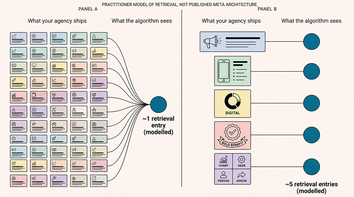 Practitioner model of Meta retrieval: fifty near-identical ads modelled as collapsing into one entry, while five distinct concepts each earn their own.