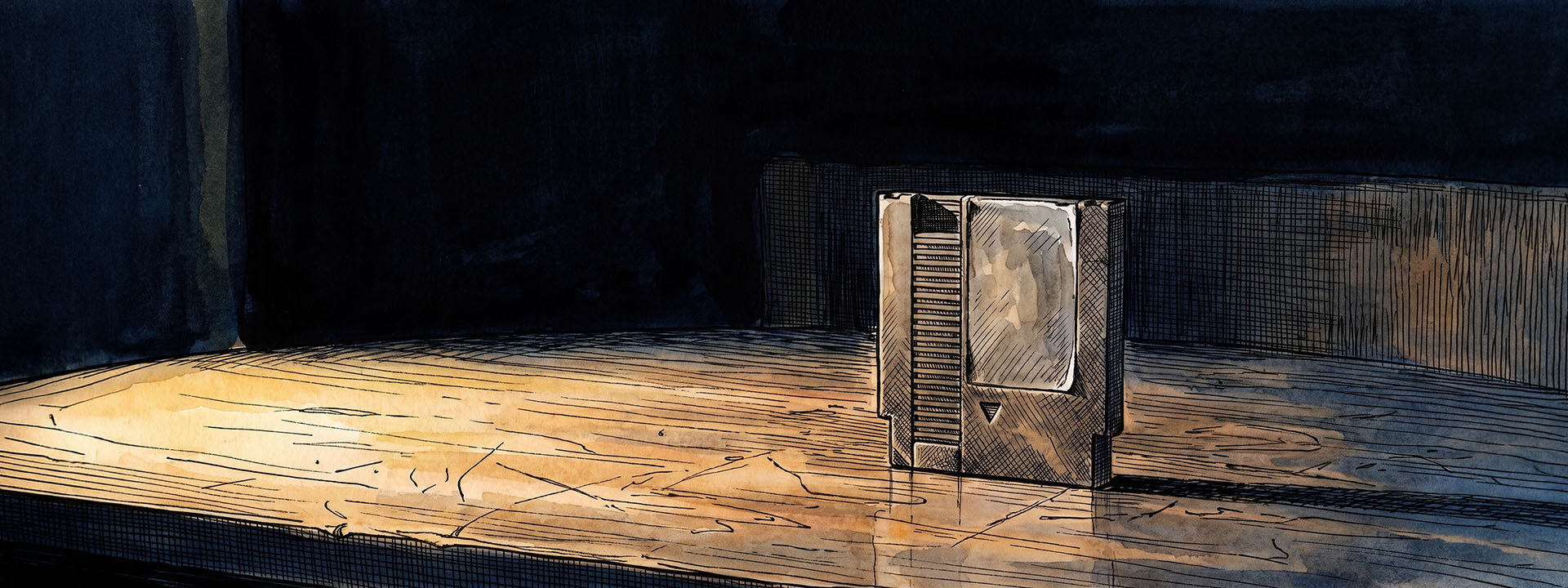 A lone game cartridge standing upright on a dark desk in low side-light