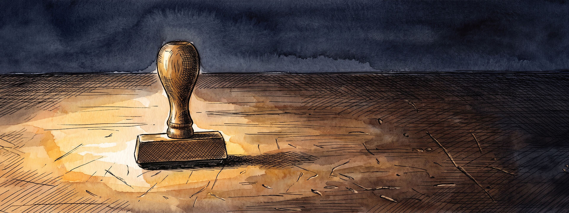 A single rubber stamp waiting on an empty dark desk in low side-light